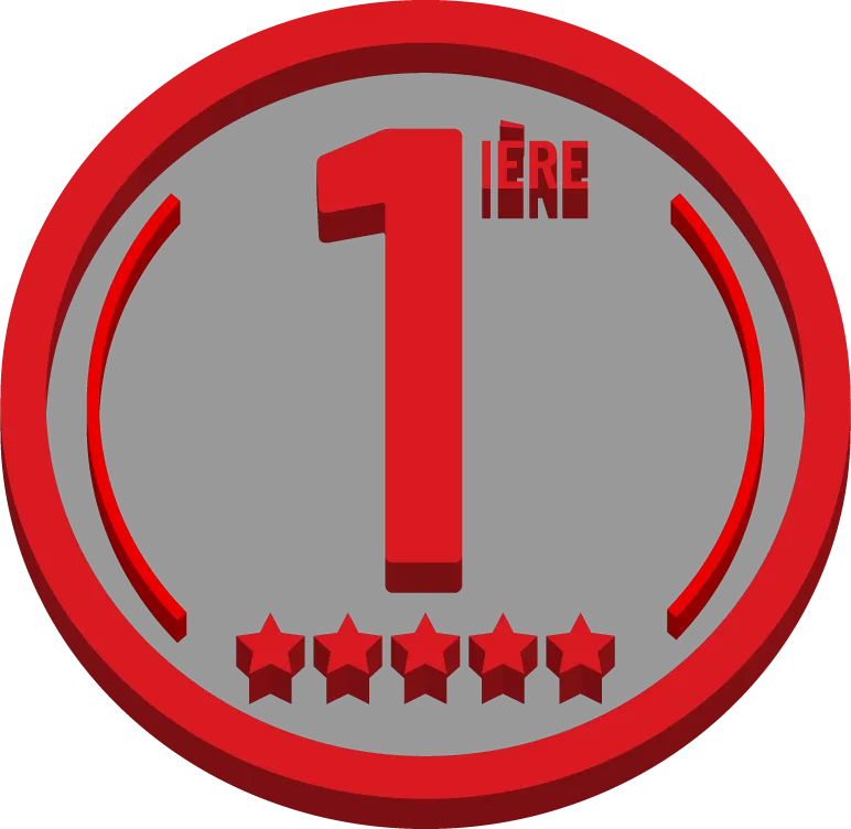 Red number one badge with five stars