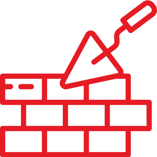 Red brick wall construction icon with trowel