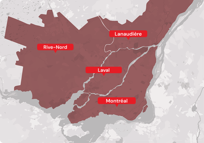 Map highlighting Montreal Laval Lanaudiere Rive-Nord regions